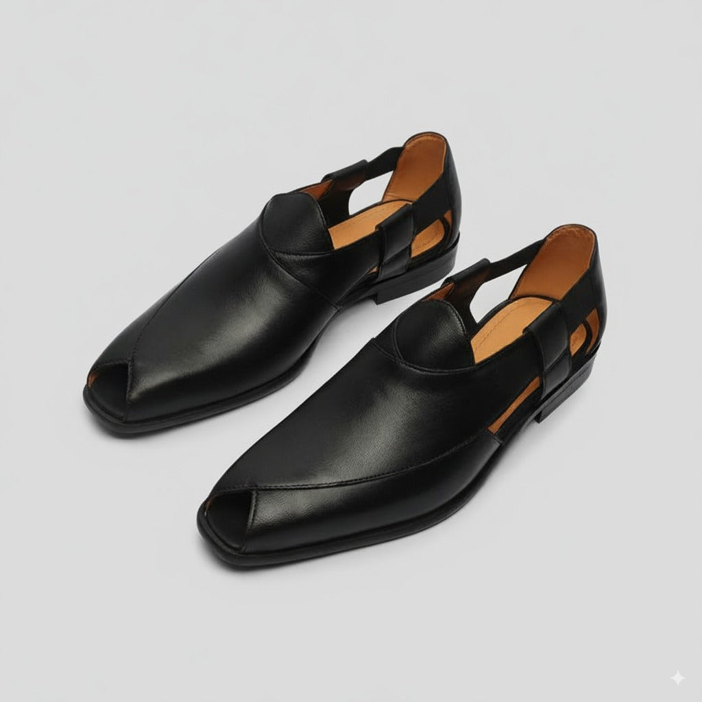 ZAFINO™ - BLACK LEATHER PESHAWARI SANDALS
