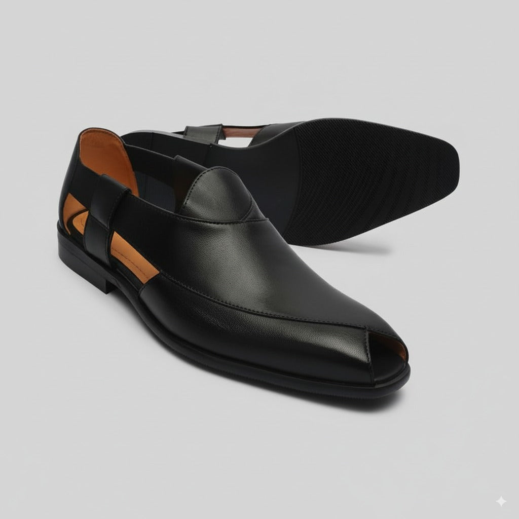 ZAFINO™ - BLACK LEATHER PESHAWARI SANDALS