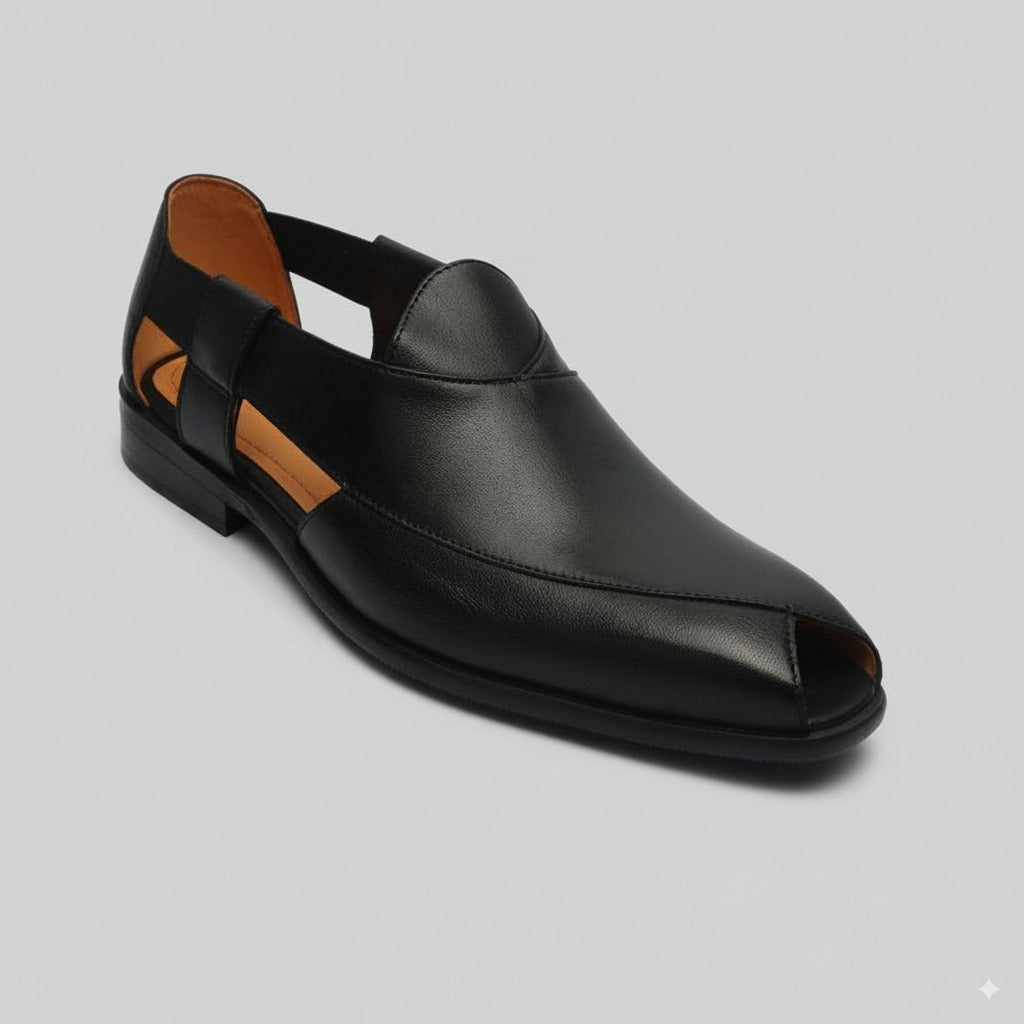 ZAFINO™ - BLACK LEATHER PESHAWARI SANDALS